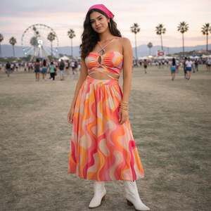 Womens Festival Vacation 2 Piece Set Tie Front Crop Top Maxi Skirt NWT Size L